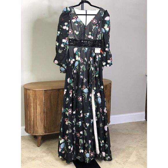 Mac Duggal 79361 EMBROIDERED BISHOP SLEEVE V NECK GOWN Black Multi Sz 6 - $798 - Picture 10 of 15